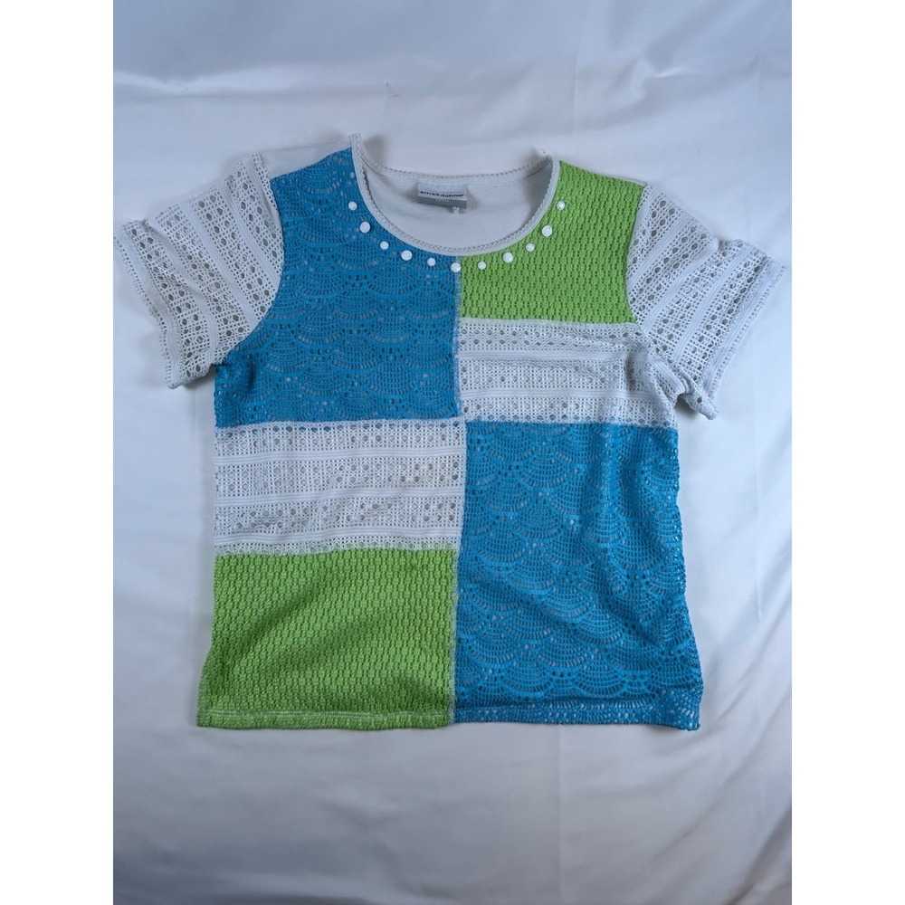 Alfred Dunner Short Sleeve Crochet Patchwork Blue Green Beaded Top‎ Petite Large